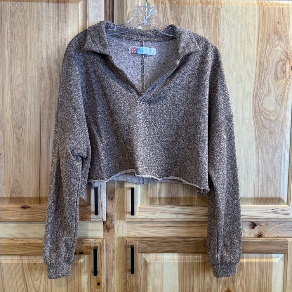 FP Beach Heathered Brown Cropped V-Neck Relaxed Comfy Loungewear Pullover Size S